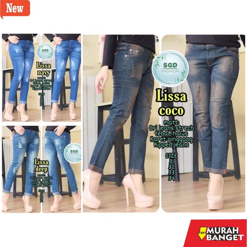 Denim Panjang Wanita LISSA JEANS||TANTRI JEANS||ECHA JEANS||JEANS SOBEK TIDAK TEMBUS BAHAN MELAR LIS