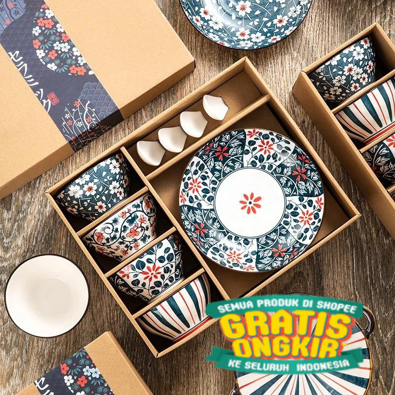 hampers japanese ceramic bowl morning glory gift box set kado piring mangkok rice bowl mangkuk/ biru