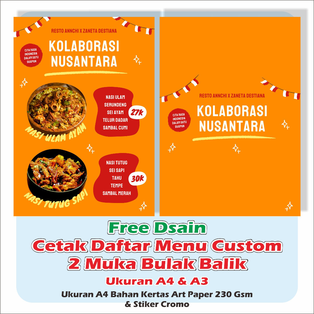 

cetak daftar menu 2 Muka Bulak Balik Ukuran A4 A3 daftar menu makanan minuman daftar menu cafe