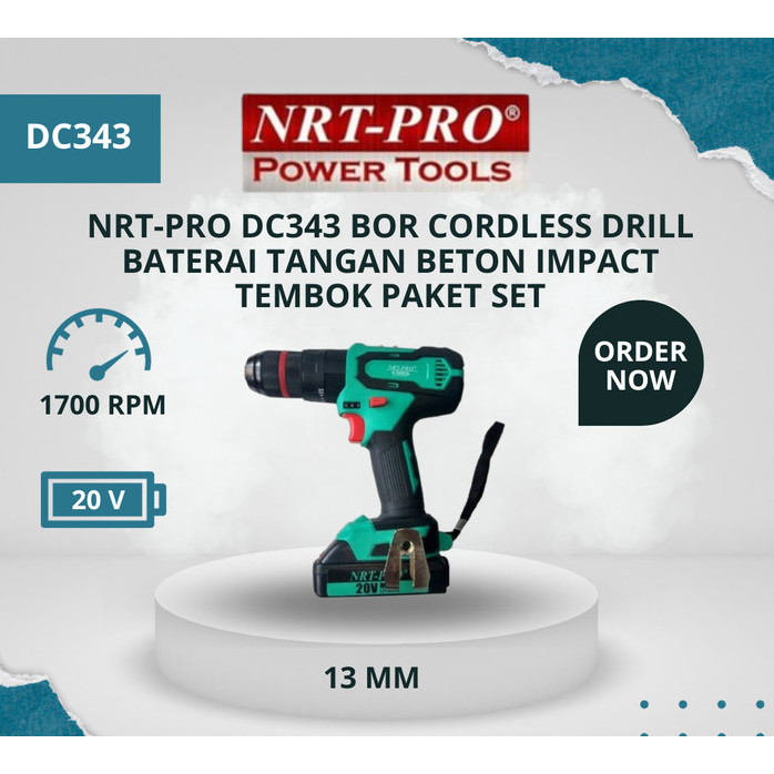 PGS - NRT-PRO DC343 Bor Cordless Drill Baterai Tangan Beton Impact Tembok 20 V 20V Paket Set Mesin D