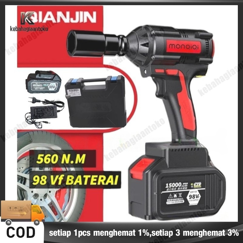 Bor impek pembuka baut motor Cordless Impact Wrench high torsi Brushless impact Baterai 98Volt 98Vf 