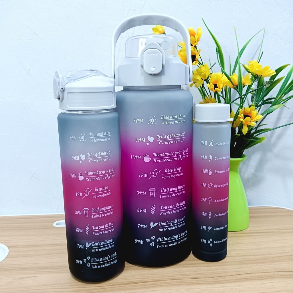 Botol Minum 3in1 Motif Gradient – Botol Water Tracker 1L 1.5L 2L BPA Free Anti Bocor