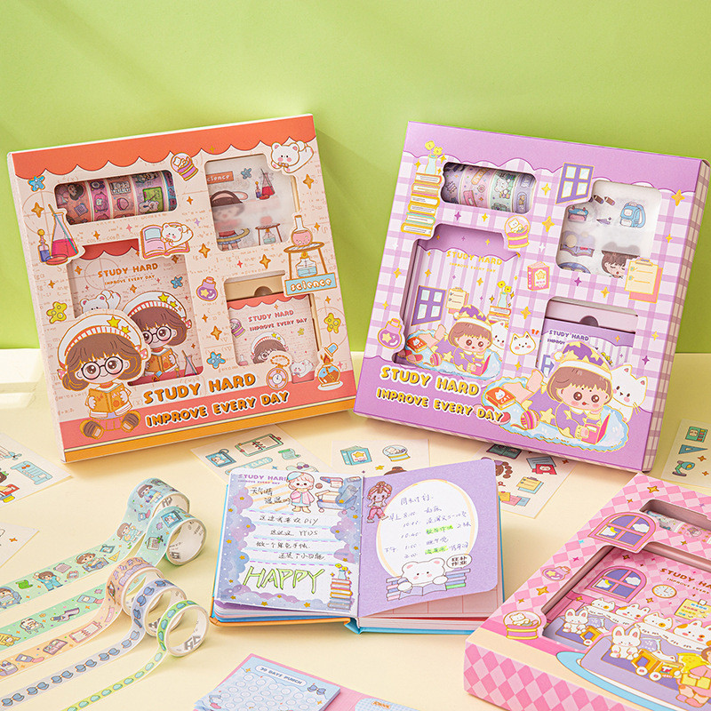 

4 in 1 Gift set/ Diary journal kit set birthday gift/ Paket set agenda/ Buku catatan set lucu/Stiker Set Cute Diary DIY Book Set A6