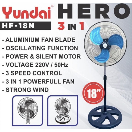YUNDAI HERO HF-18N KIPAS ANGIN BESI 3 IN 1 ( BERDIRI DUDUK GANTUNG DINDING ) 18 INCH / STAND FAN / D