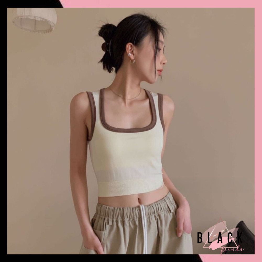 Blackpink Tanktop Crop Bra Tali Lebar Leher Persegi Tanktop Bra Dengan Busa Crop Top Fashion Wanita 