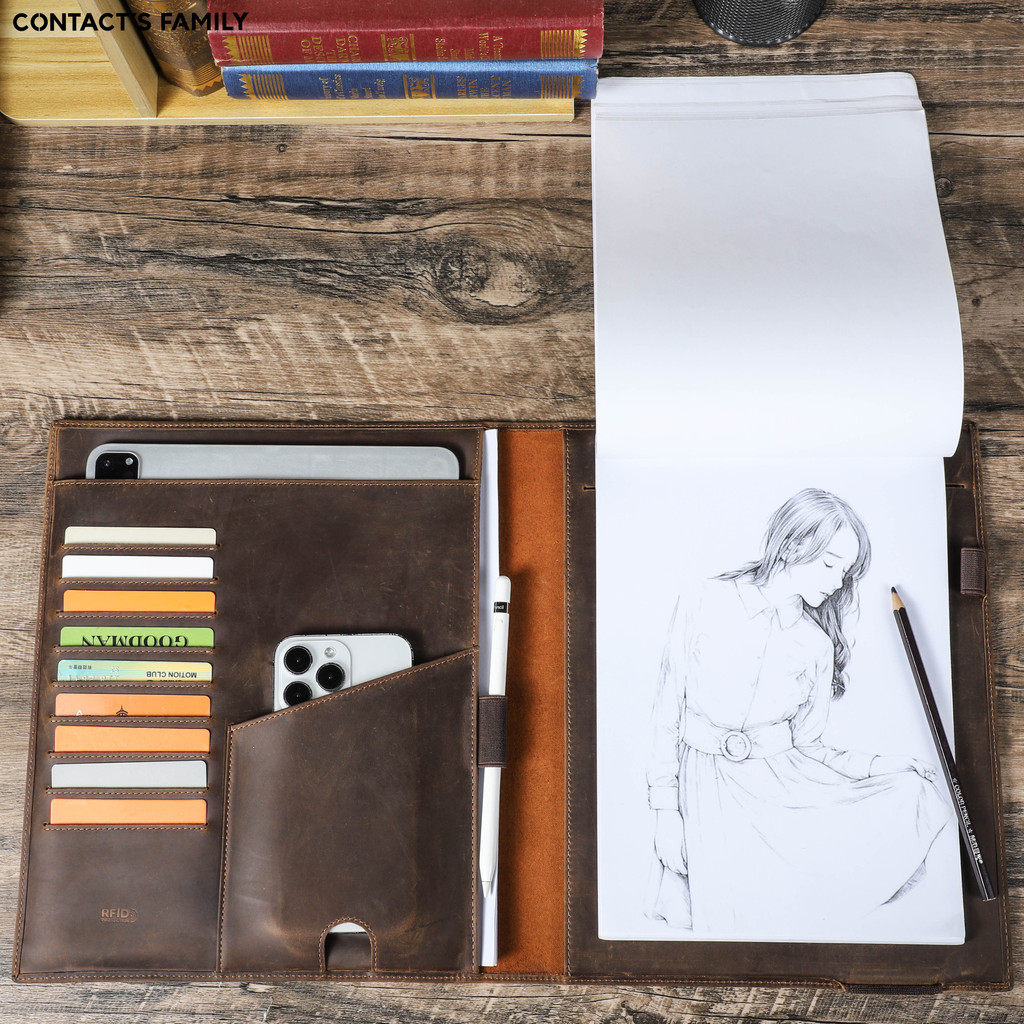 

Luxury Retro Genuine Leather Travel A4 Notebook Cover Portfolio File Folder iPad 13 Pro Case Office Men Iphone 16 Pro Max Holder