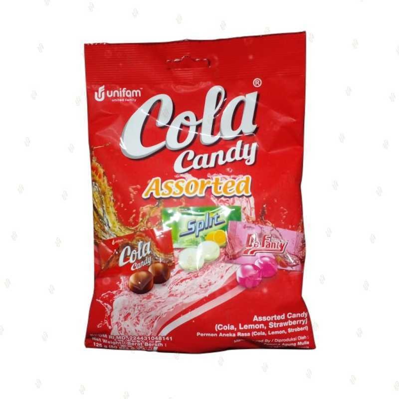 

Permen Cola Bag Assorted Permen Aneka Rasa Cola, Lemon, Strawberry 125g (50pc x 2.5g)