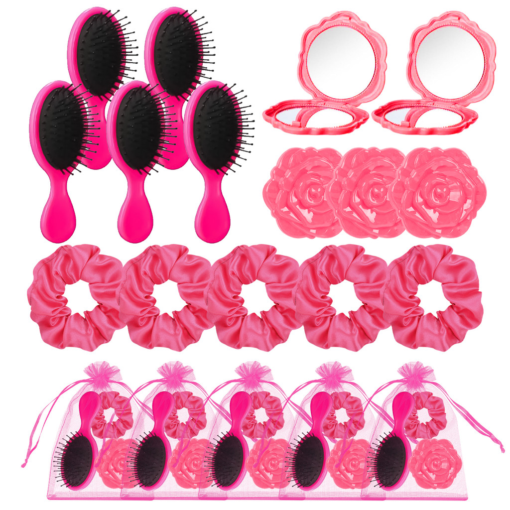 

20pcs bridal shower gifts pink hair brush pink makeup mirror pink organza bag wedding hair accessories bridesmaid birthday party