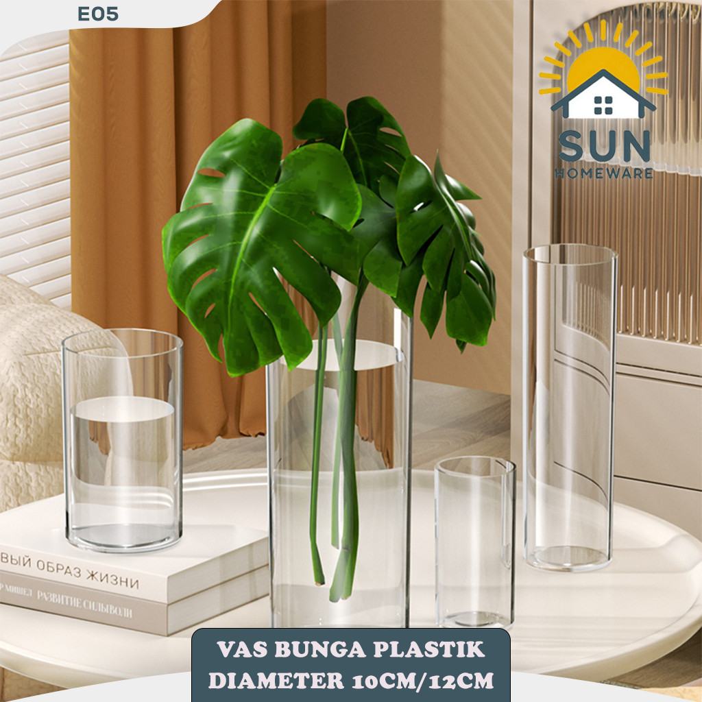 SUN VAS BUNGA PLASTIK BENING Diameter 10CM/12CM E05/ VAS PLASTIK TINGGI BAMBU / VAS BAMBOO / VAS TAN
