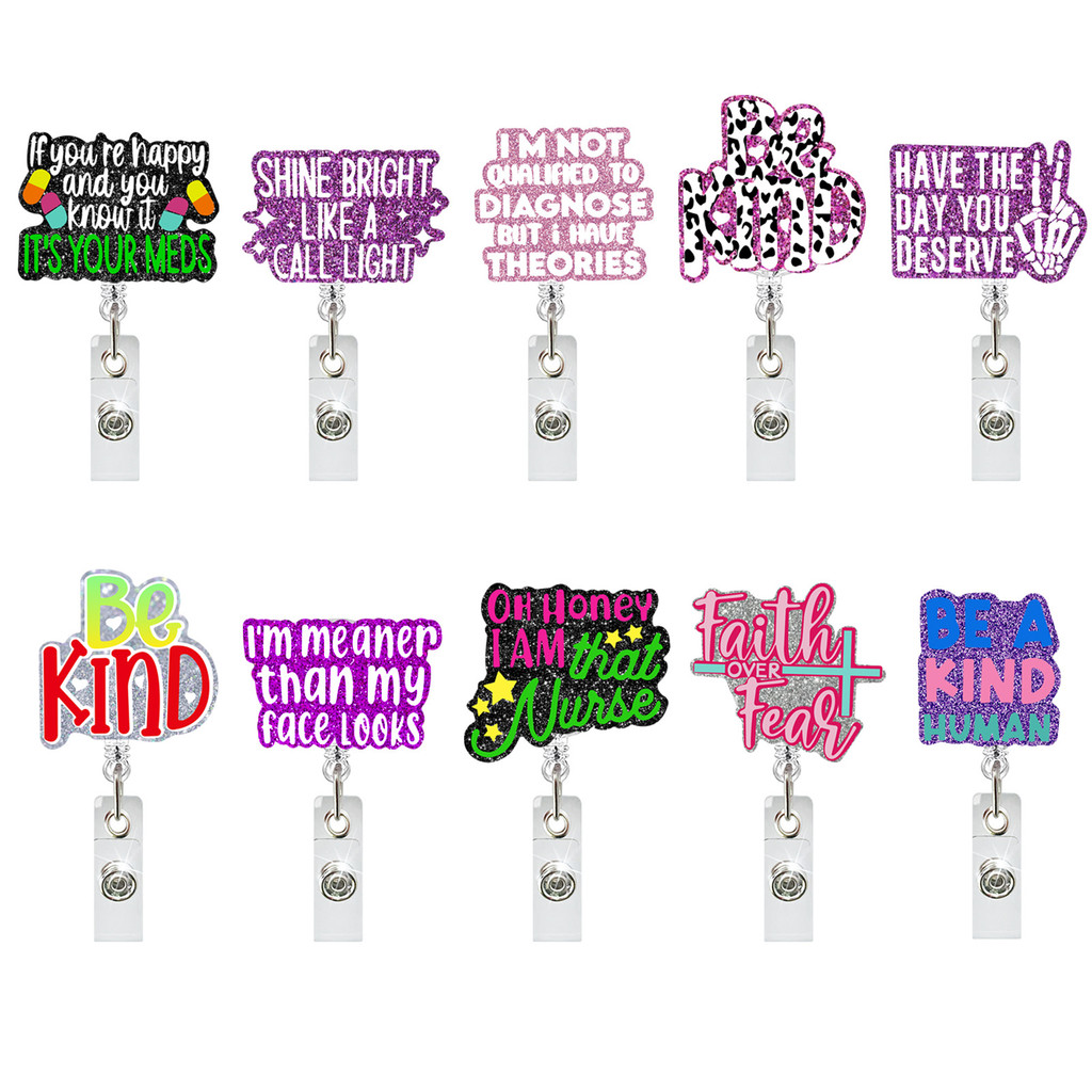 

New Design 1 Piece Glitter Retractable Nurse Badge Reel Inspiring Phrase Name Tag ID Card Holder Lanyard School Office Supply