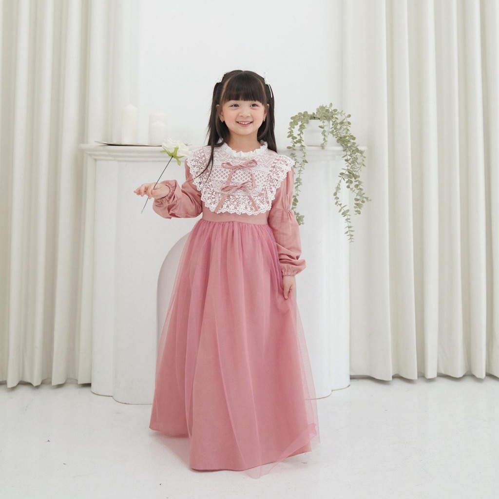 CELVEkids - JIHAN Dress Gamis Raya Anak Perempuan Korean Style Bahan Linen + Tulle Usia 1-8th