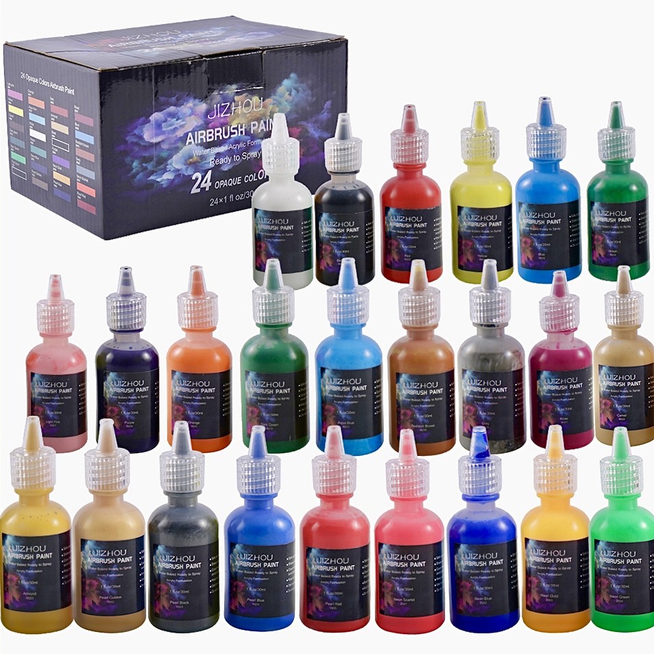 

JIZHOU Airbrush Paint Set 24 Colors (30 ml/1 oz) Water-Based Acrylic Paint Kit for Hobbyist and Artists Ready to Spray Opaque