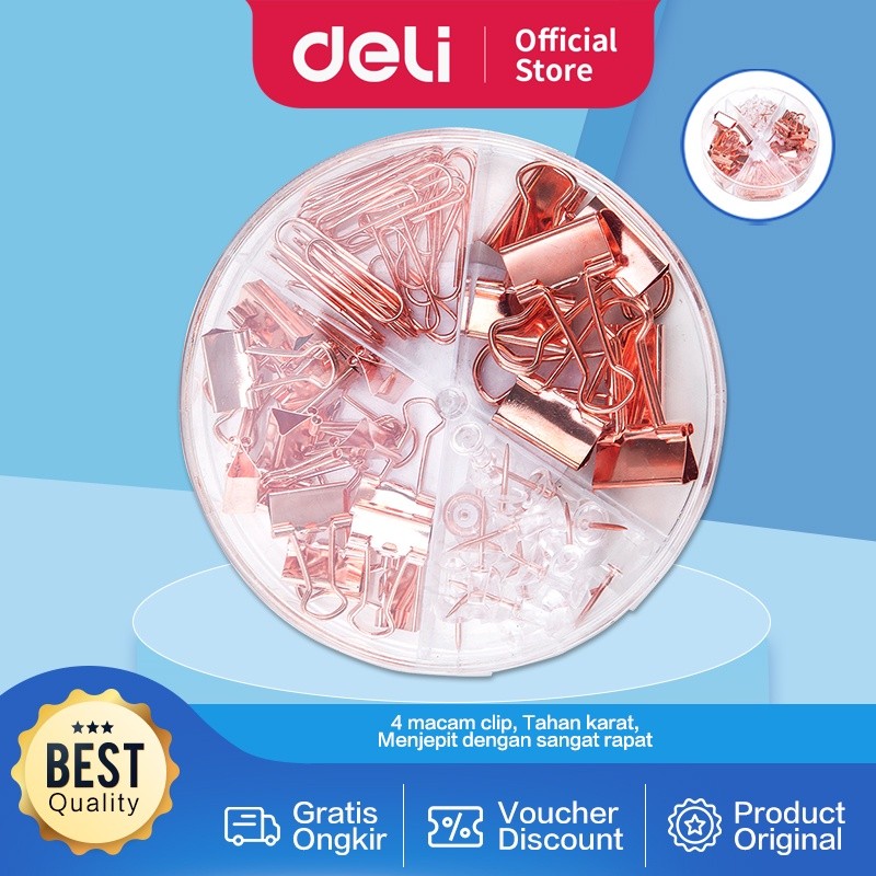 

Deli Office Combination Penjepit kertas / Paper Clip Binder Clip and Push Pin Rose Gold 78553