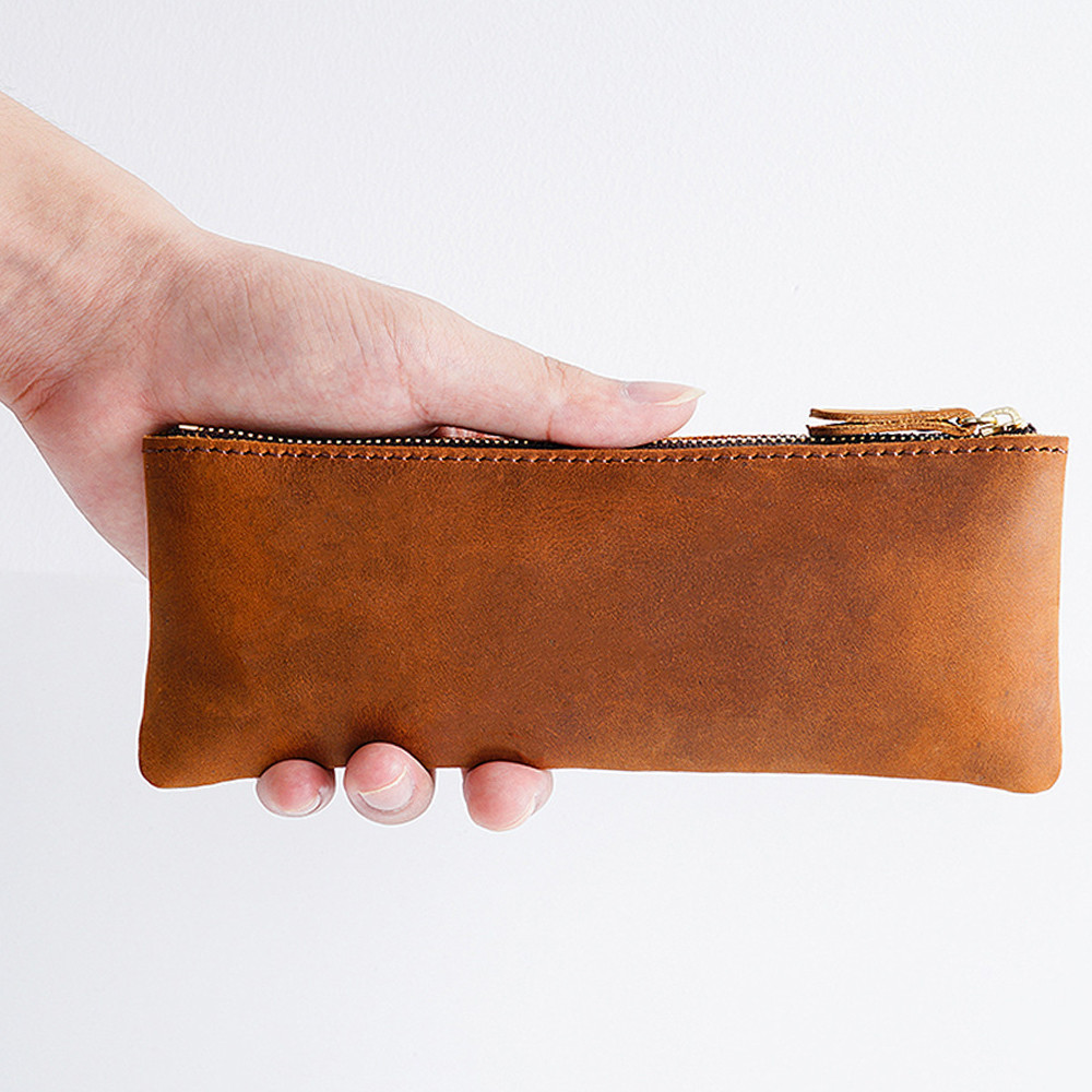 

Vintage Genuine Leather Zippered Pencil Case Cowhide Stationery Organizer Pen Holder Writing Utensil Pouch Travel Accessory Bag