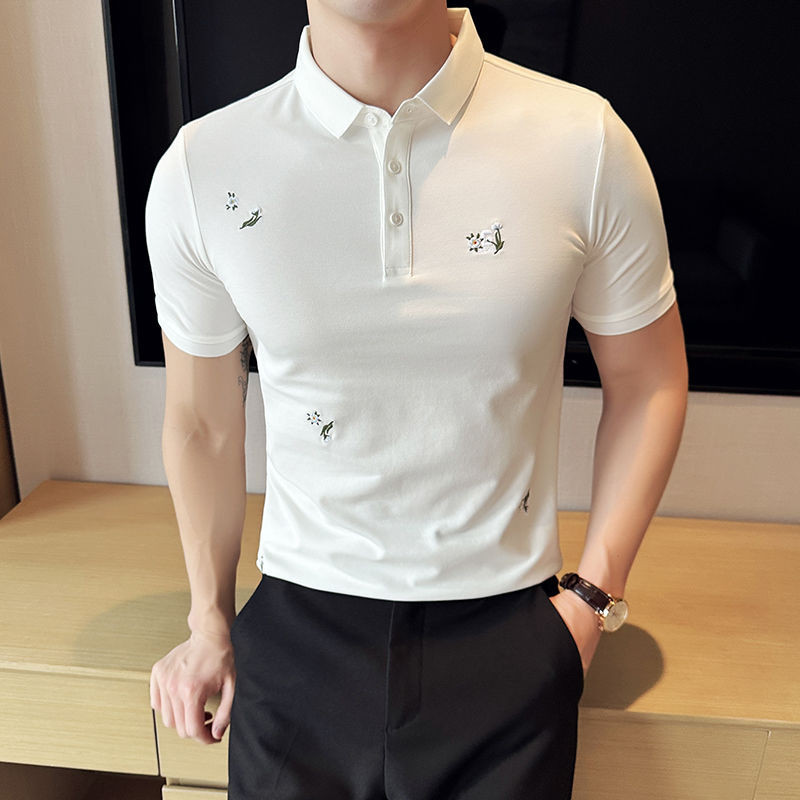 Kaos Polos Kaos Polo Pria Lengan Pendek Bermotif Bunga Bordir