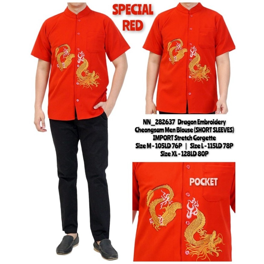 promo ✨ -Kemeja Cheongsam Pria Premium - Atasan Kemeja Imlek Pria Premium - naga, L