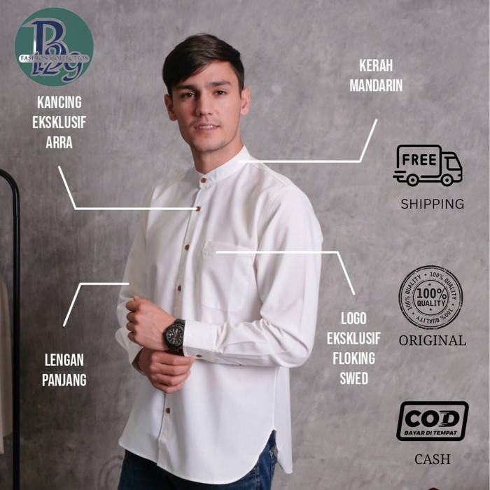 Baju Putih Pria Muslim Kemko Oxford Kerah Chiangi Lengan Panjang