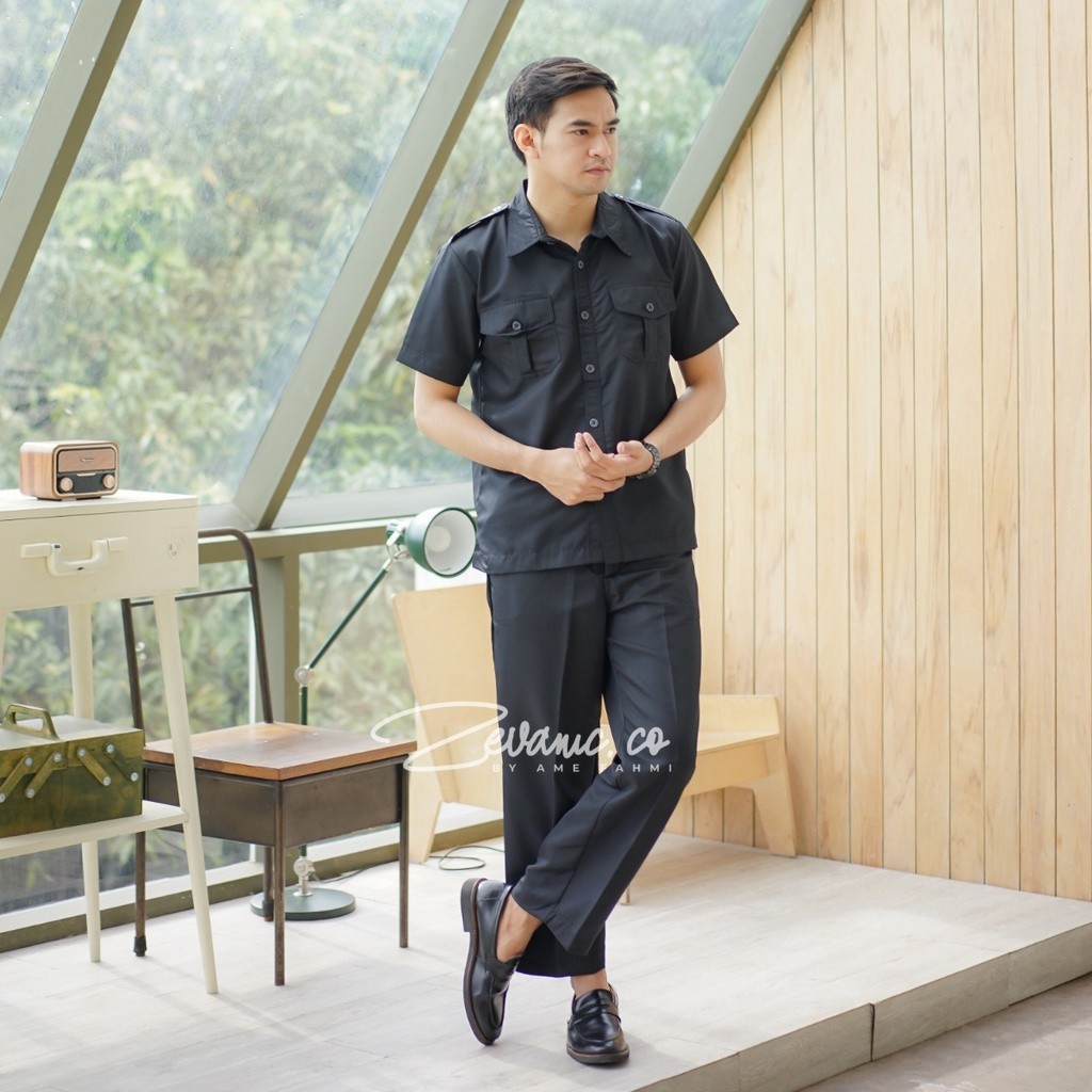Stelan Seragam Safari hitam Security Satpam/ Baju Driver /Seragam Paspampres/bahan premium