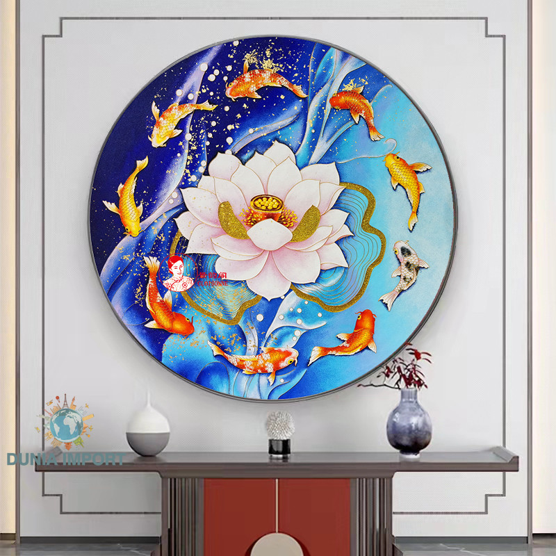 TERBARU DIY Cloisonné Enamel Painting Lukisan Dekoratif Bulat Glasir Kawat Emas Gambar Sembilan Ikan