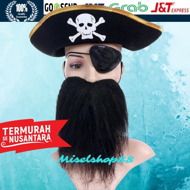 Paket topi penutup mata dan jenggot bajak laut pirates jack sparrow | cosplay bajak laut | cosplay j