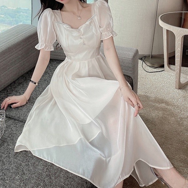 2022 baru dress brukat korean style putih wanita korea sutra high-end long dress/dress korea/dress p
