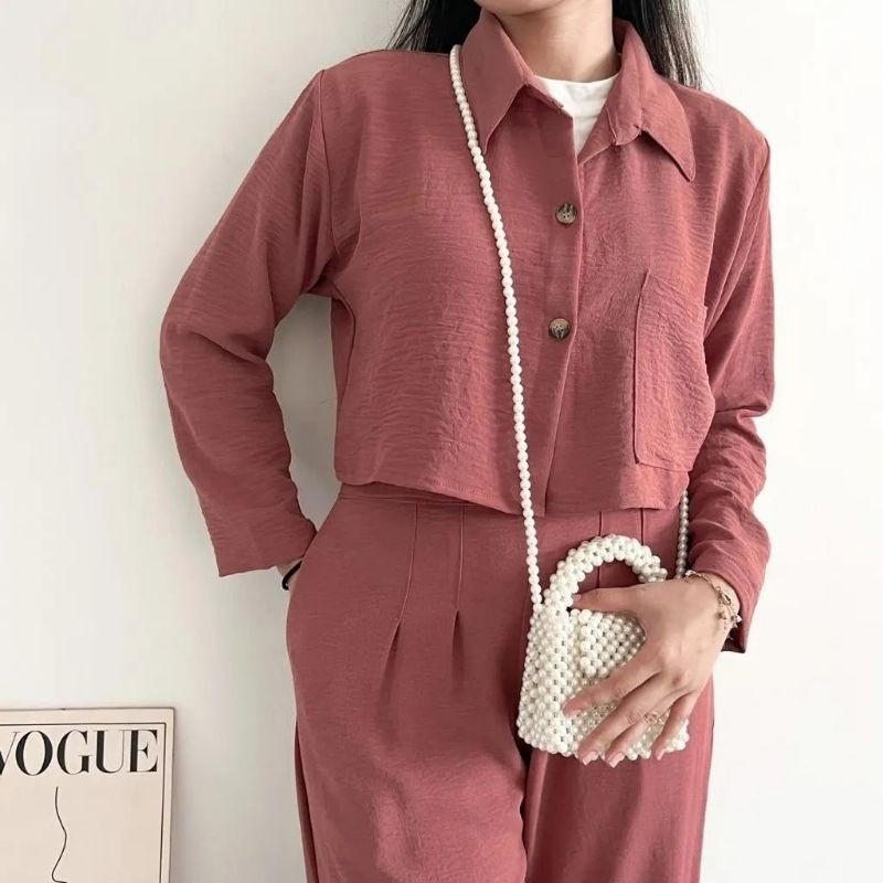 STELAN WANITA ONESET CROP CRINKLE/KEMEJA ONE SET CRINGKLE/ONE SET BLEZER WANITA CRINGKLE/BAJU KEMEJA