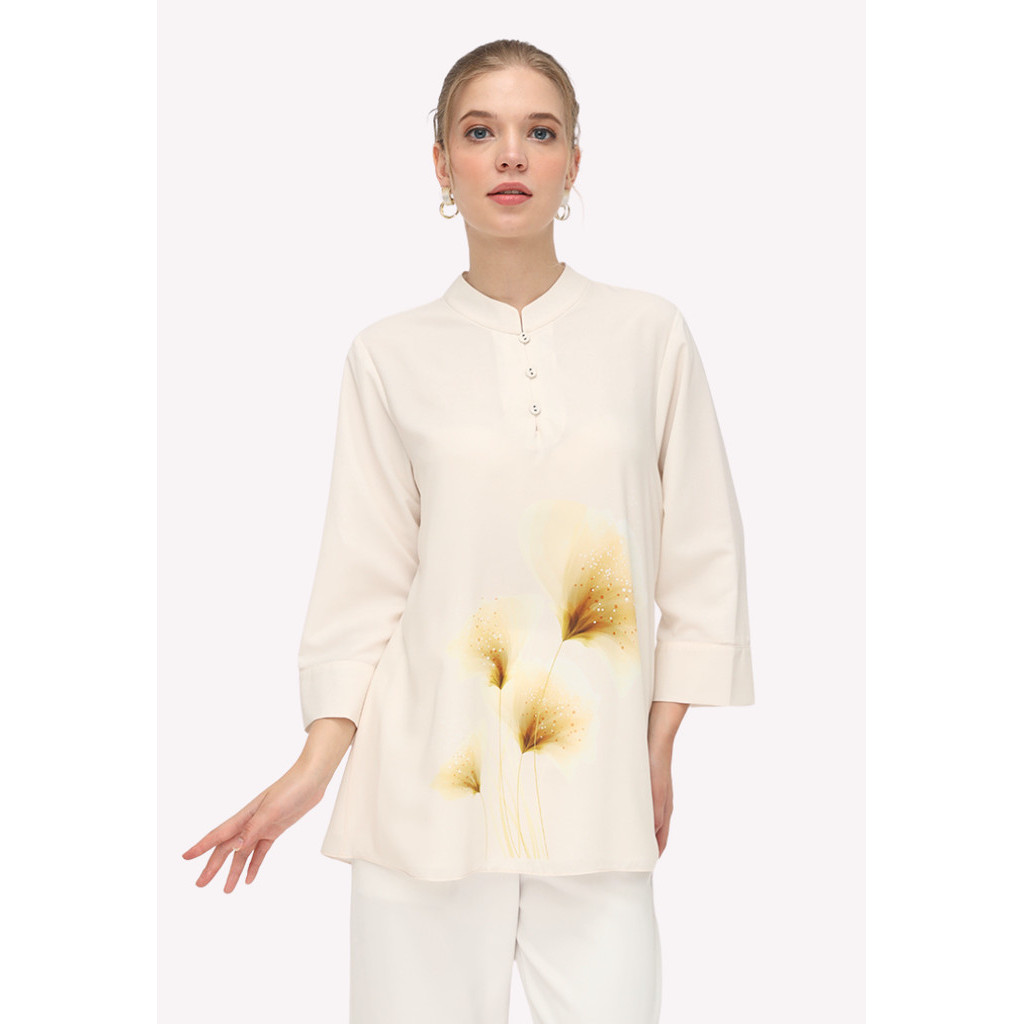 Floral Blouse Sanghai Neck Cream Brilliant Girl