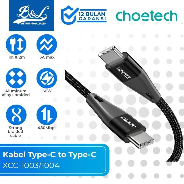 CHOETECH XCC-1003/1004 Kabel Data Type-C to Type-C 60W Fast Charging Nylon Braided 1.2m 2m