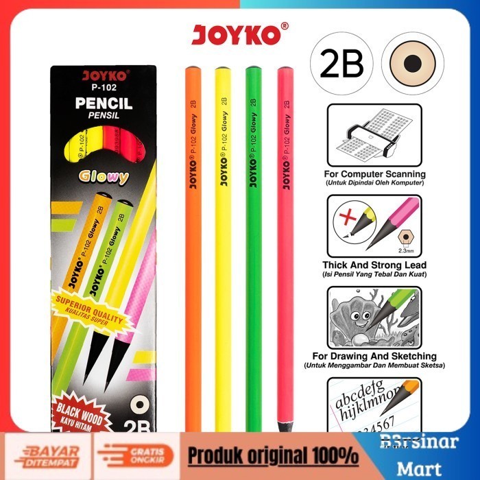 

[[KUALITAS TERBAIK]] Pencil / Pensil Joyko P102 / 2B / Glowy / 1 BOX 12 PCS COD