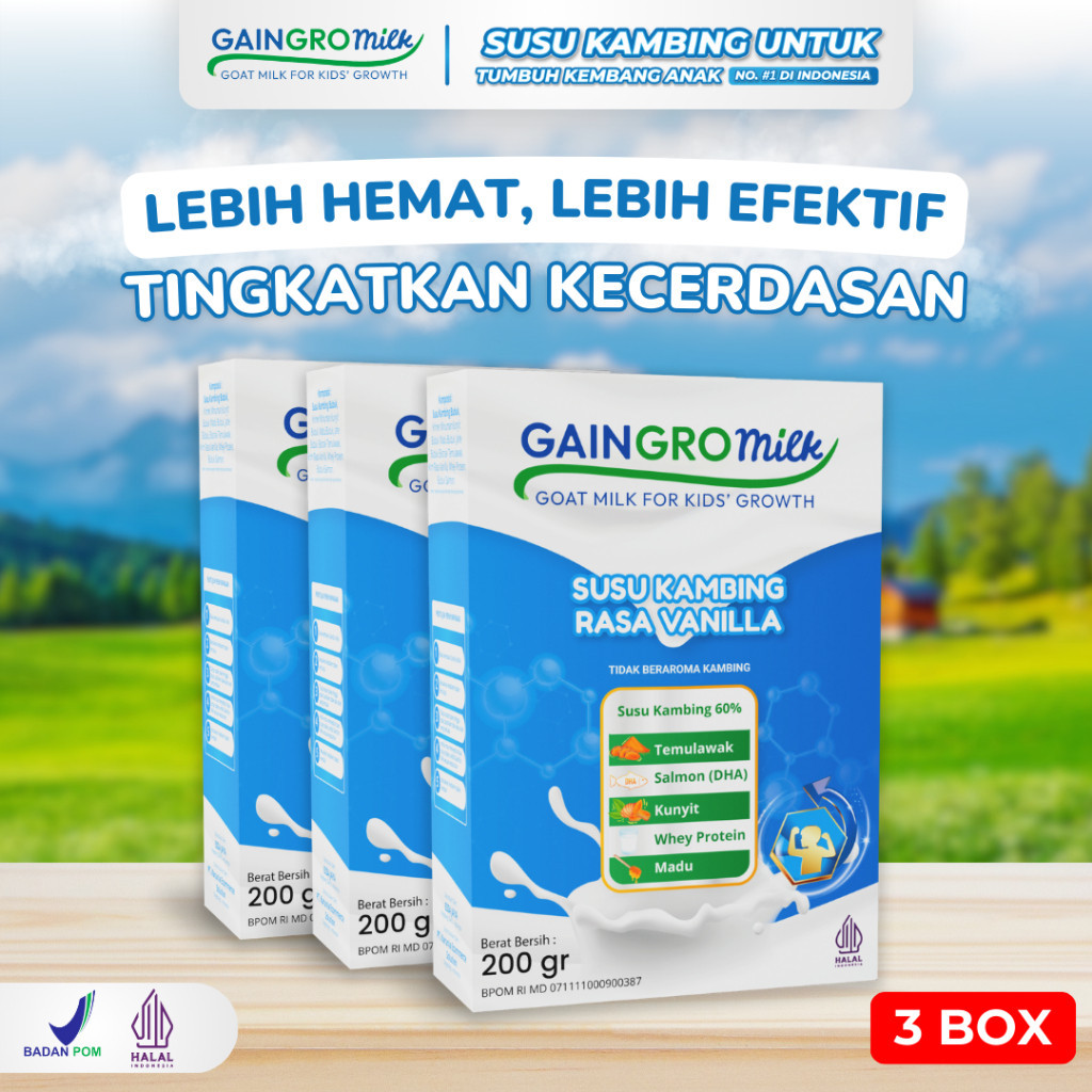 

BUNDLING 3 BOX SUSU KAMBING GAINGRO MILK VANILA Untuk Meningkatkan Kecerdasan Anak GainGro Milk Shop