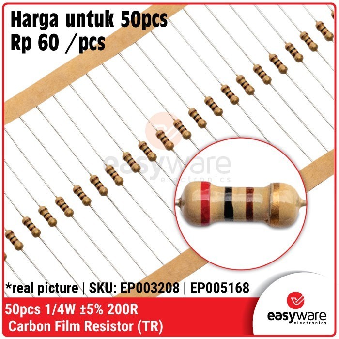 DS99 50pcs Resistor 200 Ohm 1/4W 5% Carbon Resistor 200 R 0.25W 0.25 Watt Resistor 5%