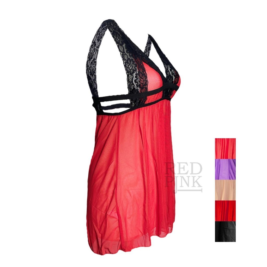 [ RedPink ] Dress Lingerie Big Size Gaun Malam Transparan Women Girl Dewasa Cutting Renda Black