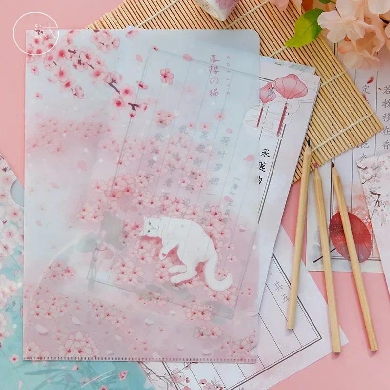 

Creative Design File Folder for Student Cute Anime Cherry Kitten Test Paper Scrapbook Sticker Folders Portable File Organizer