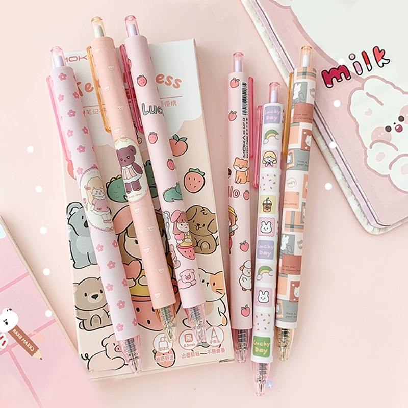 

6pcs Pulpen Gel Tinta Hitam 0.5mm Retractable Desain Kartun Princess