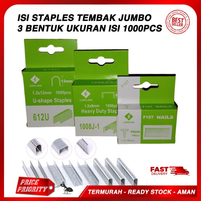 

Isi Staples Tembak Jumbo 3 Sizes 612U, Heavy Duty 1008J-1, F10T Refill Isi Gun Tacker Steples Jumbo Baja Kuat 1000pcs
