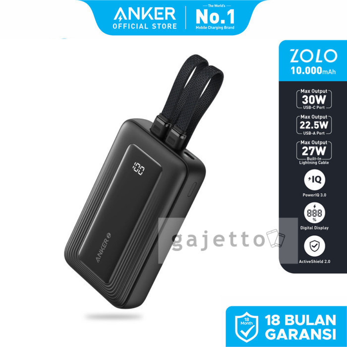 Anker Zolo Power Bank 10.000mAh 30W Max Fast Portable Charger with Built-in USB-C and Lightning MFi 