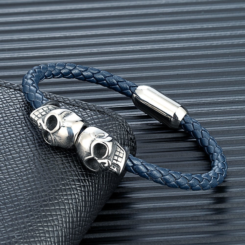 MKENDN Mens Black Braided Leather Skull Bangle Bracelet Stainless Steel Twins Skull Heads Gothic Pun