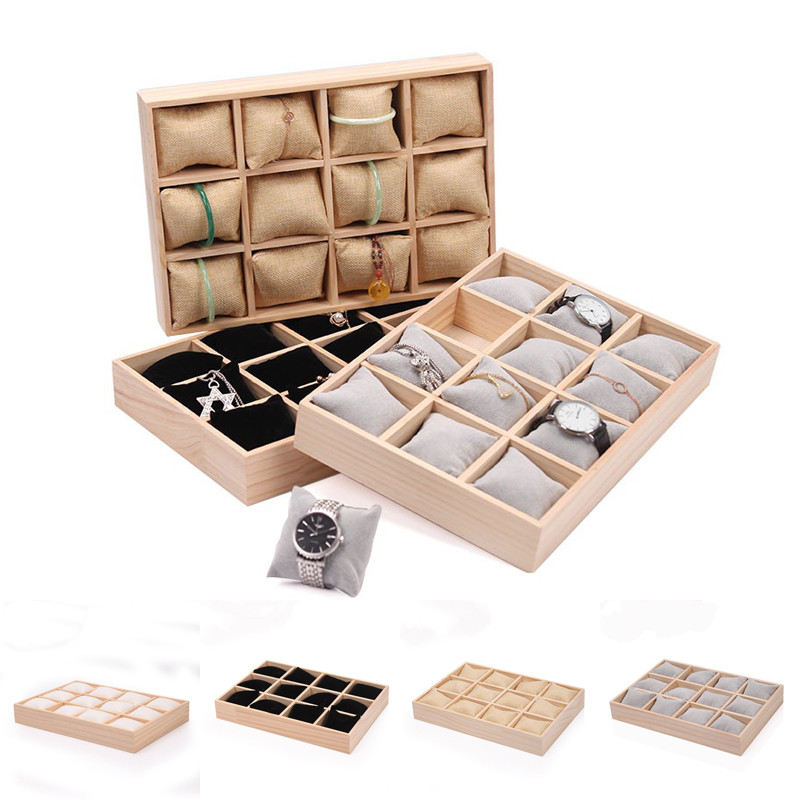 

Wood Jewelry Storage Tray 12 Girds Watch Pillow Plate Necklaces Bracelet Bangle Watches Display Holder