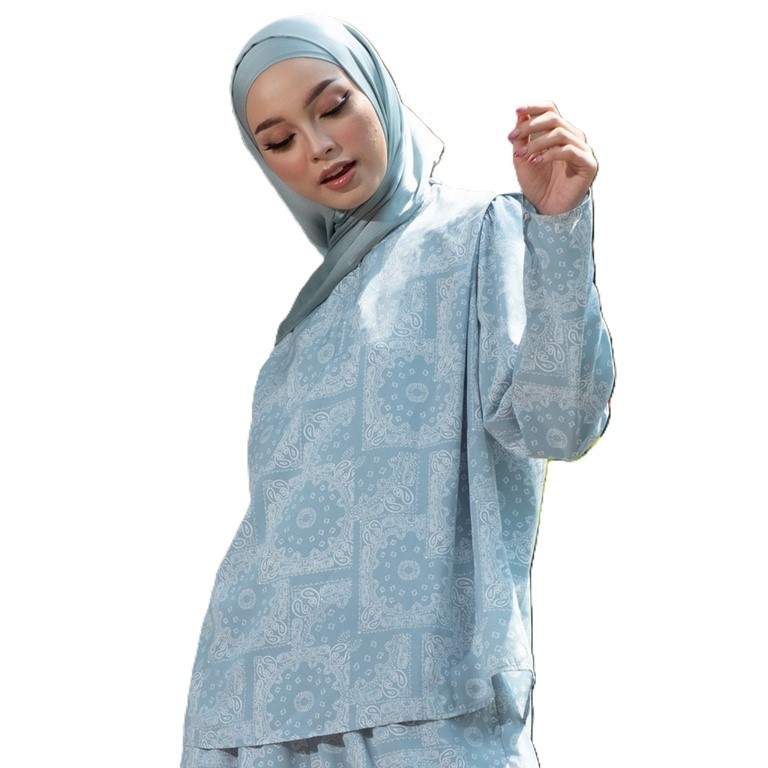 fv43dh Hanna Aaliyah Blouse Wanita Full Print Motif Baju Atasan Perempuan Hijab Formal Casual Biru 0