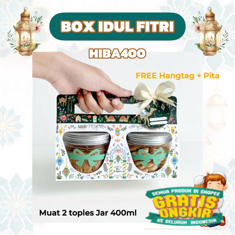 

HIBA400 | Box Hampers Idul Fitri muat 2 Toples Jar 400ml / Kotak Dus Packaging Toples Cookies Lebaran Eid Mubarak/ keluarga oleh oleh