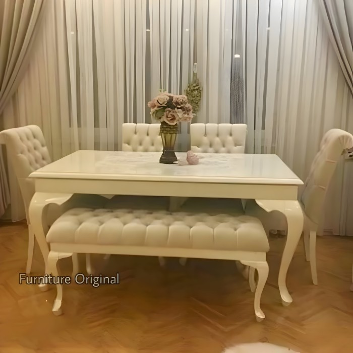 Meja Makan 6 Kursi warna Soft Grey Cat Duco Mobil Gratis Kaca Meja - Kursi Satuan