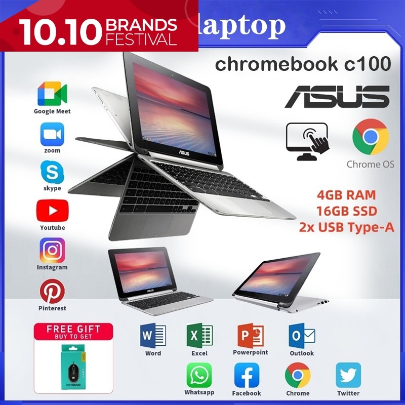 ASUS  laptop C100P Touchscreen 4GB RAM 32GB eMMC 256GB TF 320GB Playstore chromebook murah gaming la