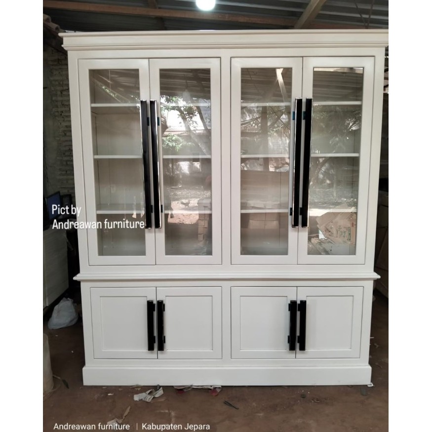 Lemari Bufet Pajangan Kayu Jati 4 Pintu Cat Duco Putih