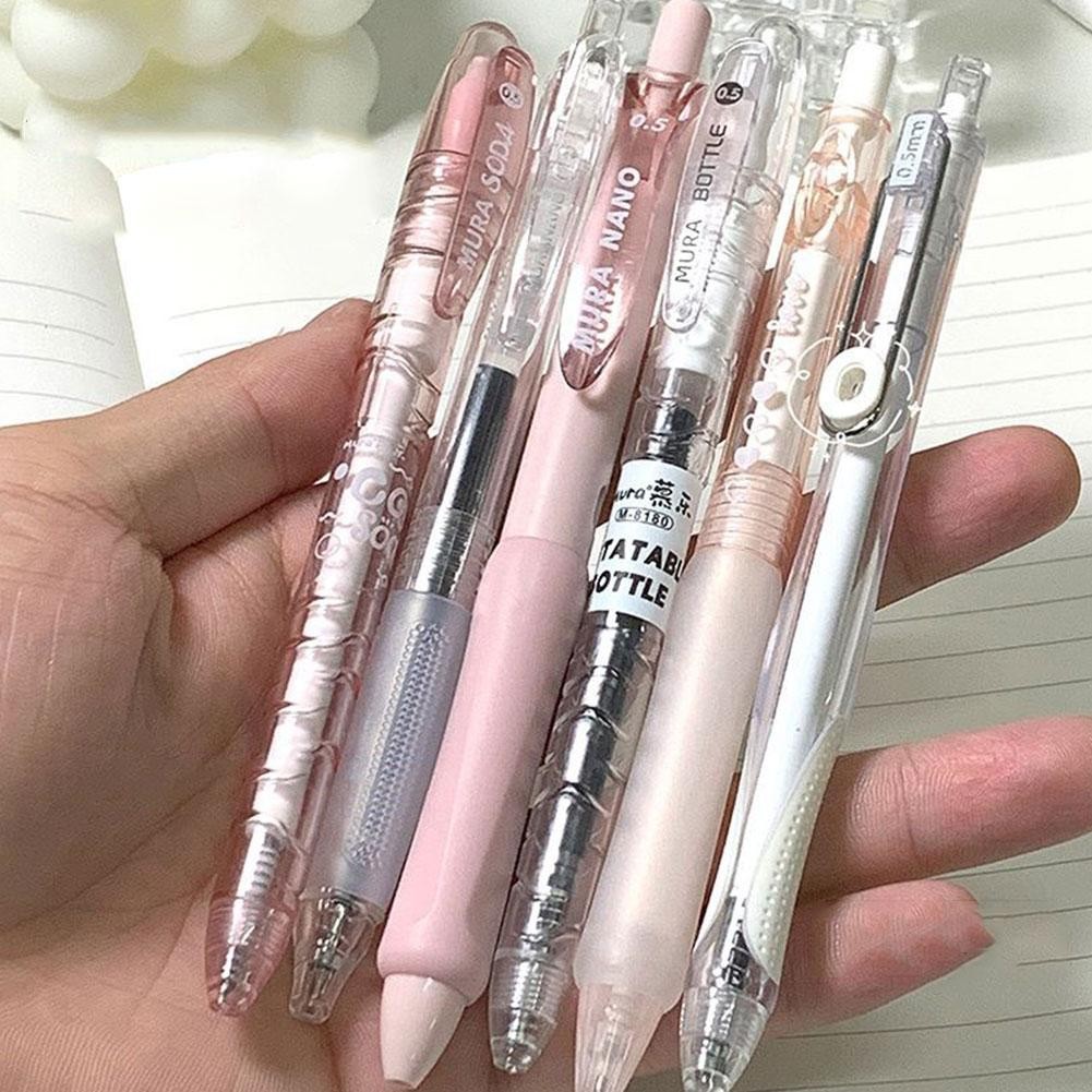 

6pcs Korean Fashion Gel Pen 0.5mm Retractable Back Ink Simplicity Transparent Writing To Scrapbook Stationery Pen School Supply