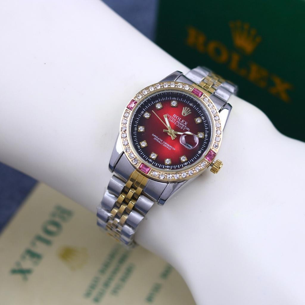 BEST SELLER - Jam Tangan Wanita Rolex Tali Rantai Free Kartu Body Bulat Permata Kecil Tanggal Aktif 