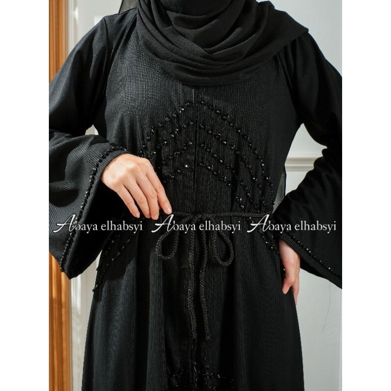 Abaya elhabsyi Dubai 1087 Gamis Hitam Embos Fashion Wanita arab Busui MURAH