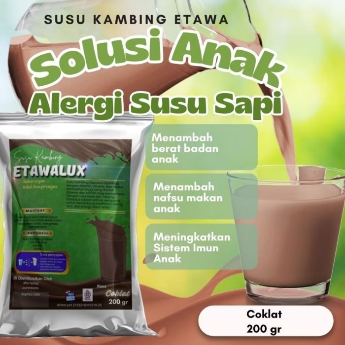 

Susu Kambing Etawa Atasi TBC BATUK ASMA PEGEGL LINU NYERI SENDI kemasan 200gr coklat