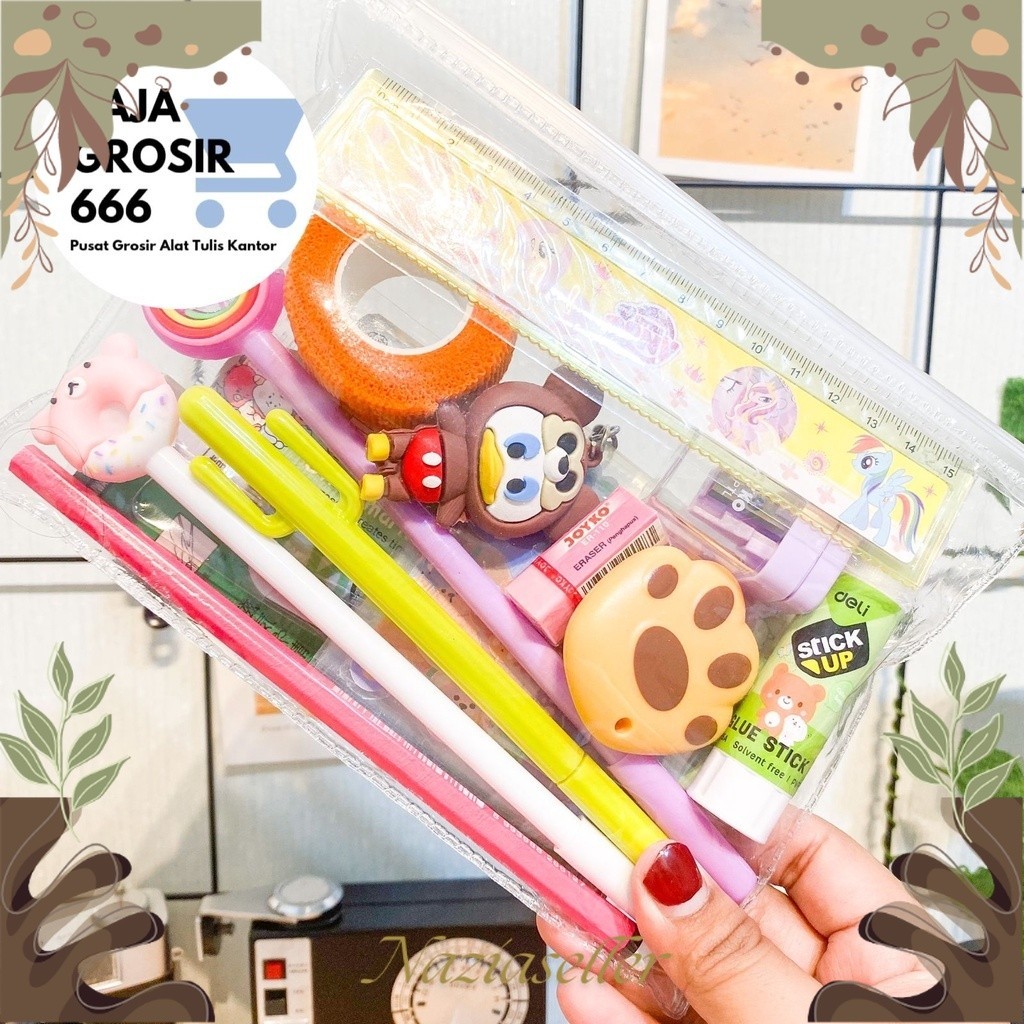 

Pouch Set alat tulis sticker pensil gantungan kunci pulpen pena pensil penggaris sekolah sticky notes penjepit sticker cutter mini finger protector NZS