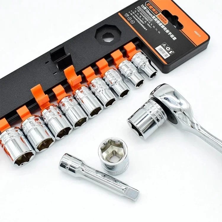 GASS BOSS  kunci Sock Set 12Pcs Drive Socket 1/2Inch Kunci Sok Bahan Chrome Vanadium 8-24mm Mata sok