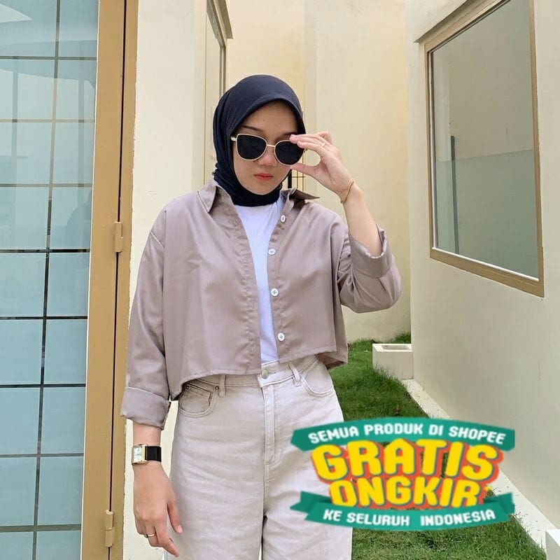 KEMEJA CROP WANITA PUTIH CREAM KOREAN KEMEJA CEWEK MURAH TERBARU KEKINIAN KEMEJA SHIRT RAYON CRINKLE